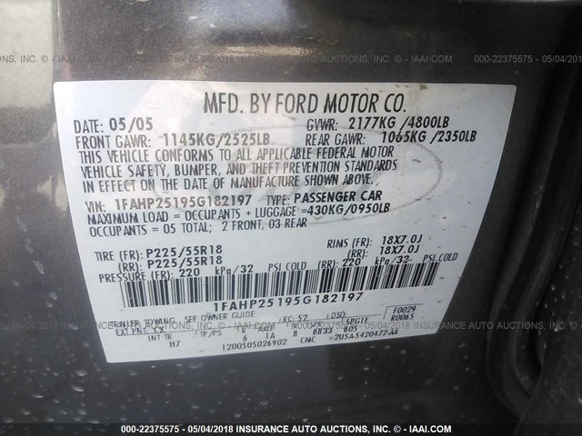 1FAHP25195G182197 - 2005 FORD FIVE HUNDRED LIMITED GRAY photo 9