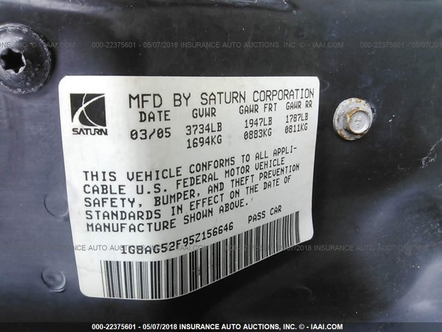 1G8AG52F95Z156646 - 2005 SATURN ION LEVEL 1 RED photo 9