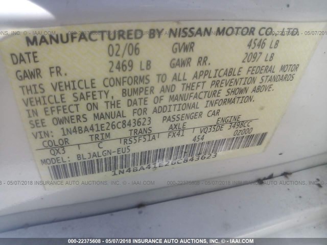 1N4BA41E26C843623 - 2006 NISSAN MAXIMA SE/SL WHITE photo 9