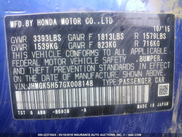 JHMGK5H57GX008148 - 2016 HONDA FIT LX BLUE photo 9