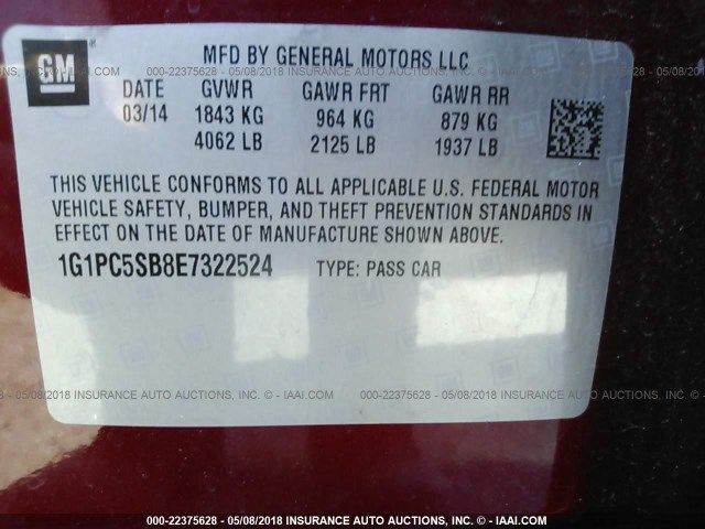 1G1PC5SB8E7322524 - 2014 CHEVROLET CRUZE LT RED photo 9