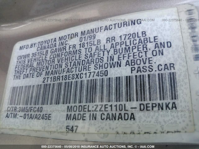 2T1BR18E8XC177450 - 1999 TOYOTA COROLLA VE/CE/LE GRAY photo 9