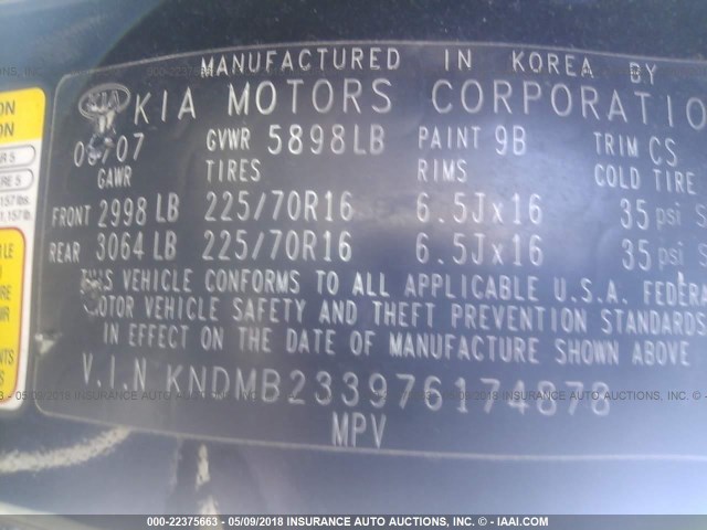 KNDMB233976174878 - 2007 KIA SEDONA EX/LX BLACK photo 9