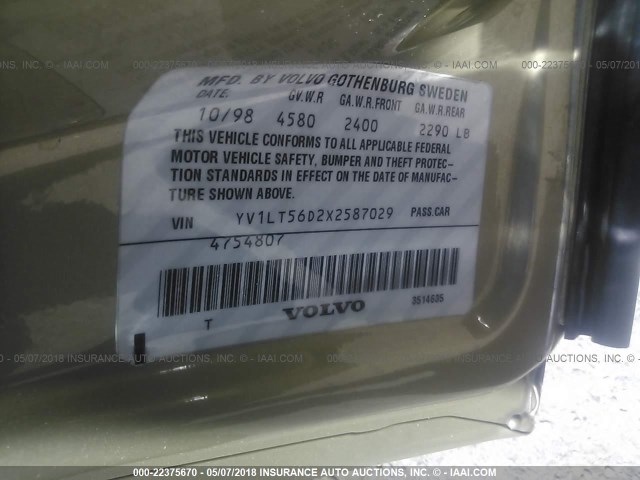 YV1LT56D2X2587029 - 1999 VOLVO S70 GOLD photo 9