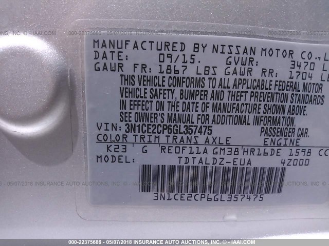 3N1CE2CP6GL357475 - 2016 NISSAN VERSA NOTE S/S PLUS/SV/SL/SR SILVER photo 9