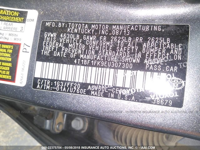 4T1BF1FK9EU307300 - 2014 TOYOTA CAMRY L/SE/LE/XLE GRAY photo 9