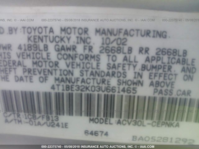4T1BE32K03U661465 - 2003 TOYOTA CAMRY LE/XLE/SE SILVER photo 9