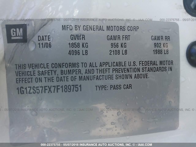 1G1ZS57FX7F189751 - 2007 CHEVROLET MALIBU LS თეთრი ფოტო 9