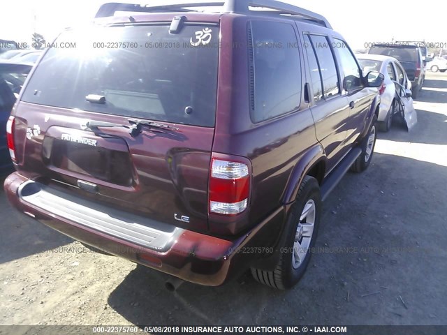 JN8DR09X72W650259 - 2002 NISSAN PATHFINDER LE/SE BURGUNDY photo 4