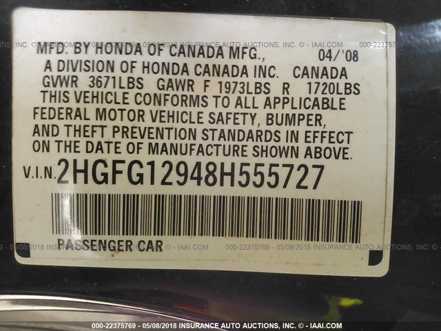 2HGFG12948H555727 - 2008 HONDA CIVIC EXL BLACK photo 9