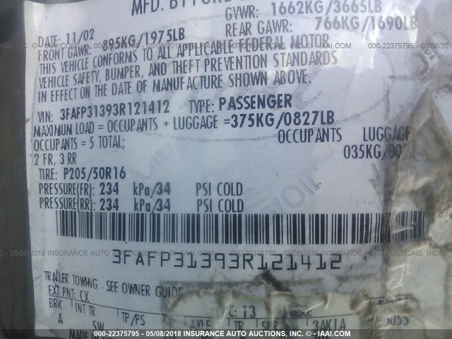 3FAFP31393R121412 - 2003 FORD FOCUS ZX3 GRAY photo 9