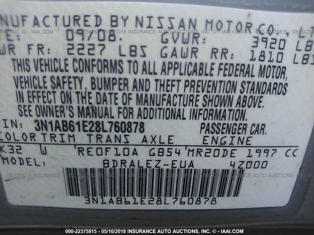 3N1AB61E28L760878 - 2008 NISSAN SENTRA 2.0/2.0S/2.0SL GOLD photo 9