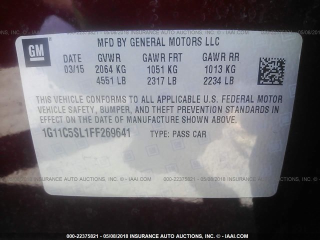 1G11C5SL1FF269641 - 2015 CHEVROLET MALIBU 1LT 勃艮第红 照片 9