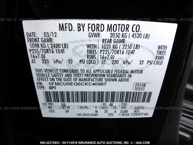 1FMCU0EG0CKC40967 - 2012 FORD ESCAPE LIMITED BLACK photo 9