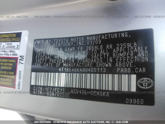 4T1BE46K49U405113 - 2009 TOYOTA CAMRY SE/LE/XLE SILVER photo 9
