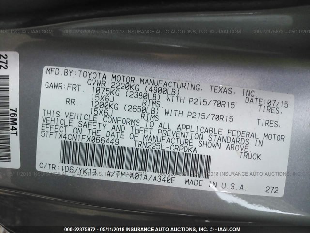 5TFTX4CN1FX066449 - 2015 TOYOTA TACOMA ACCESS CAB Күміс фото 9