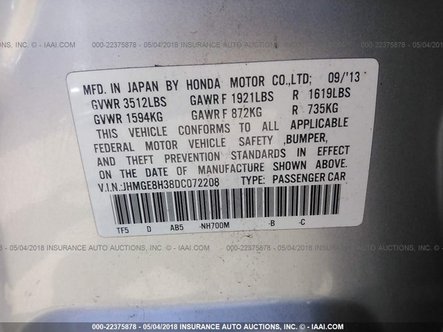 JHMGE8H38DC072208 - 2013 HONDA FIT SILVER photo 9