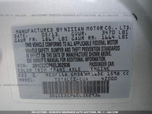 3N1CE2CP6EL352936 - 2014 NISSAN VERSA NOTE S/S PLUS/SV/SL SILVER photo 9