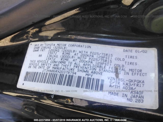 JT3HN86RX20378794 - 2002 TOYOTA 4RUNNER SR5 BLACK photo 9