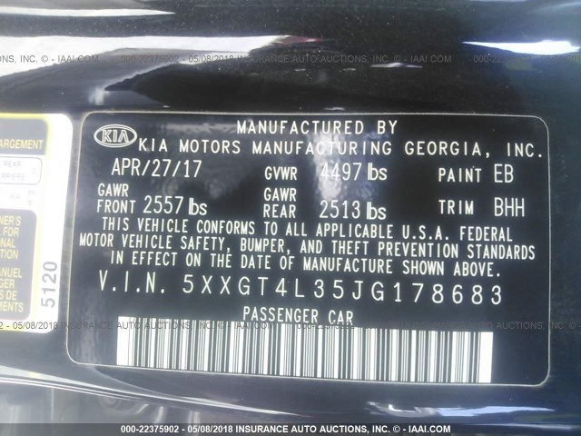 5XXGT4L35JG178683 - 2018 KIA OPTIMA LX/S BLACK photo 9