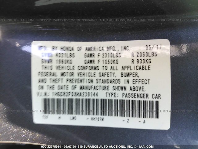 1HGCR2F5XHA239144 - 2017 HONDA ACCORD SPORT 灰色 照片 9