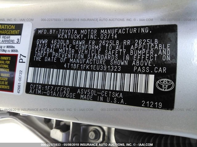 4T1BF1FK1EU391323 - 2014 TOYOTA CAMRY L/SE/LE/XLE 银色 照片 9