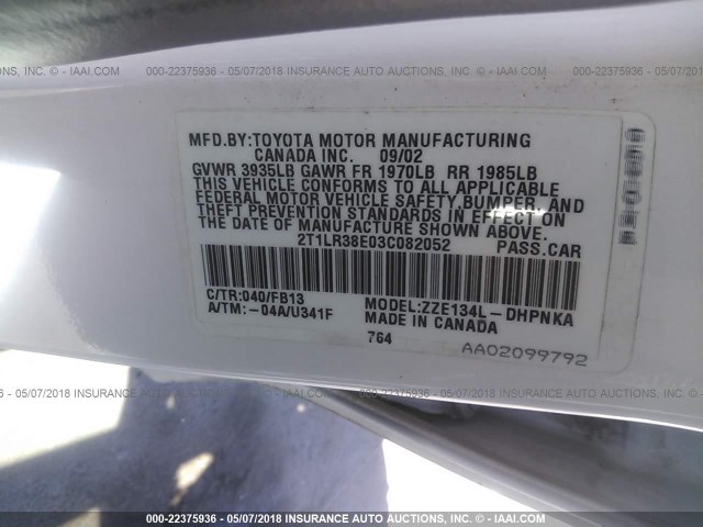 2T1LR38E03C082052 - 2003 TOYOTA COROLLA MATRIX XR WHITE photo 9