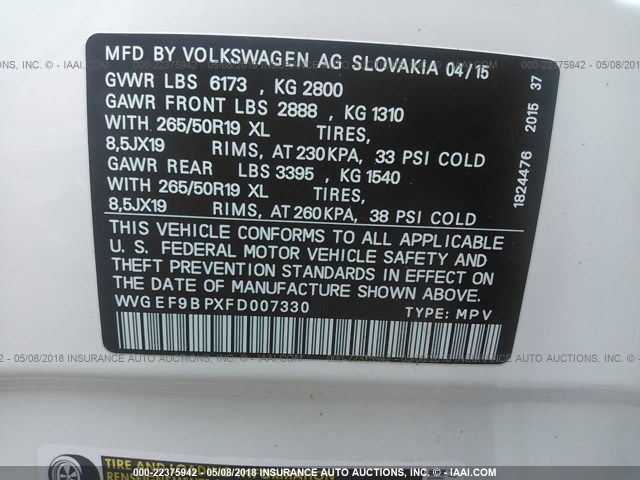 WVGEF9BPXFD007330 - 2015 VOLKSWAGEN TOUAREG V6 WHITE photo 9