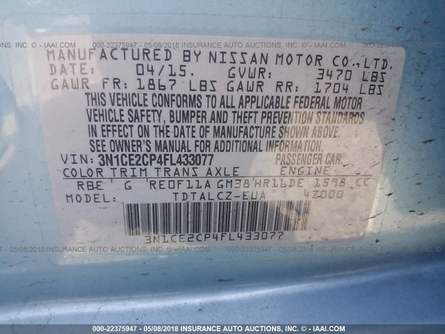 3N1CE2CP4FL433077 - 2015 NISSAN VERSA NOTE S/S PLUS/SV/SL/SR BLUE photo 9