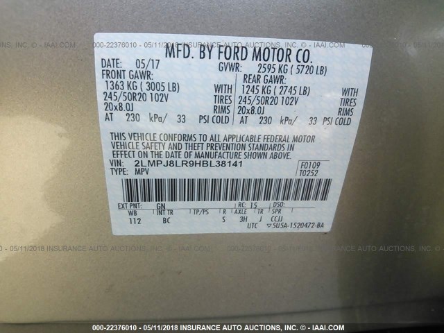 2LMPJ8LR9HBL38141 - 2017 LINCOLN MKX RESERVE Թուխ լուսանկար 9