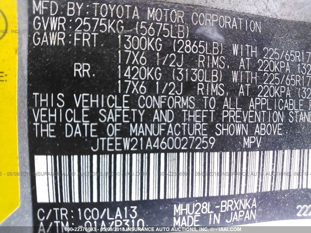 JTEEW21A460027259 - 2006 TOYOTA HIGHLANDER HYBRID SILVER photo 9