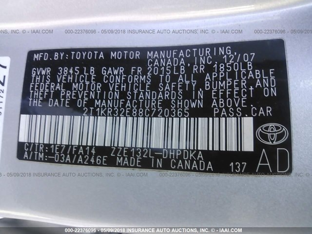 2T1KR32E88C720365 - 2008 TOYOTA COROLLA MATRIX XR SILVER photo 9