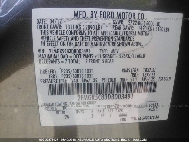 2FMGK5C83DBD03491 - 2013 FORD FLEX SEL رمادي صورة 9