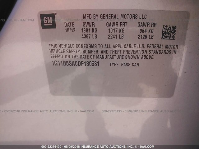 1G11B5SA0DF180531 - 2013 CHEVROLET MALIBU LS 银色 照片 9