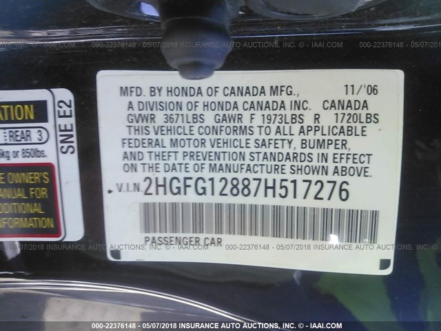 2HGFG12887H517276 - 2007 HONDA CIVIC EX BLACK photo 9