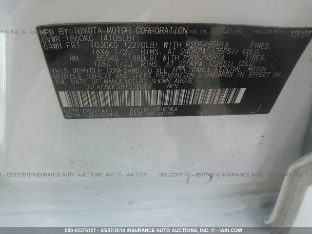 JTLKE50E281052887 - 2008 TOYOTA SCION XB WHITE photo 9