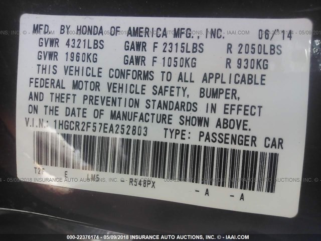 1HGCR2F57EA252803 - 2014 HONDA ACCORD SPORT 勃艮第红 照片 9