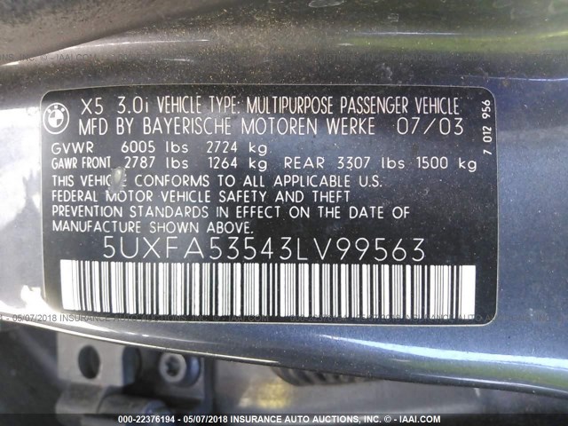 5UXFA53543LV99563 - 2003 BMW X5 3.0I GRAY photo 9