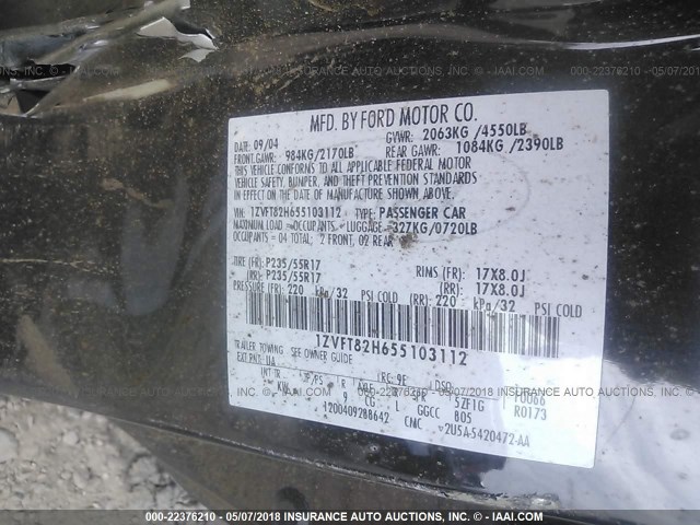 1ZVFT82H655103112 - 2005 FORD MUSTANG GT BLACK photo 9