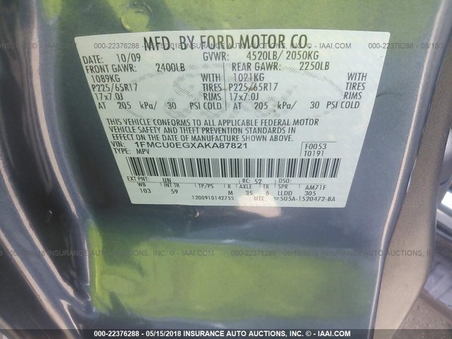 1FMCU0EGXAKA87821 - 2010 FORD ESCAPE LIMITED BLUE photo 9