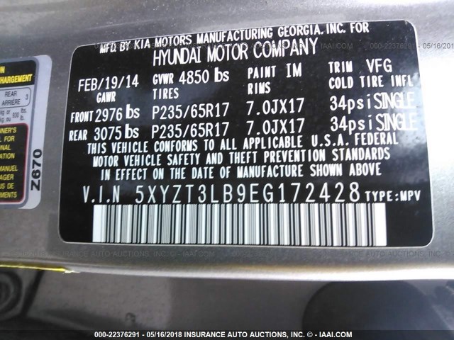 5XYZT3LB9EG172428 - 2014 HYUNDAI SANTA FE SPORT  GRAY photo 9