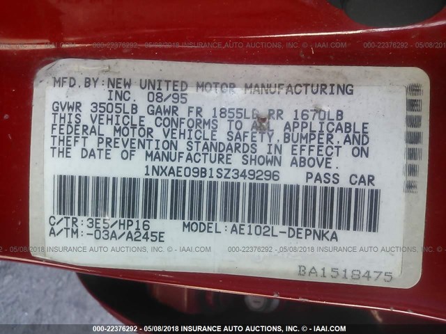 1NXAE09B1SZ349296 - 1995 TOYOTA COROLLA LE/DX 红色 照片 9