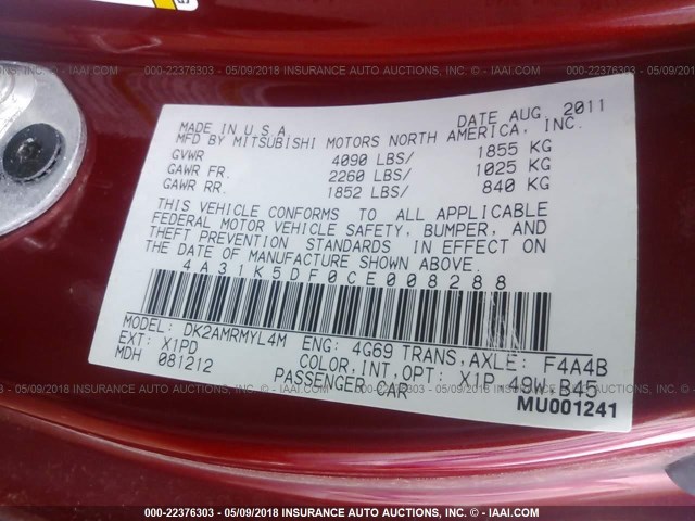 4A31K5DF0CE008288 - 2012 MITSUBISHI ECLIPSE GS SPORT RED photo 9