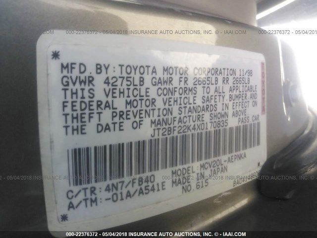 JT2BF22K4X0170835 - 1999 TOYOTA CAMRY LE/XLE Ոսկեգույն լուսանկար 9