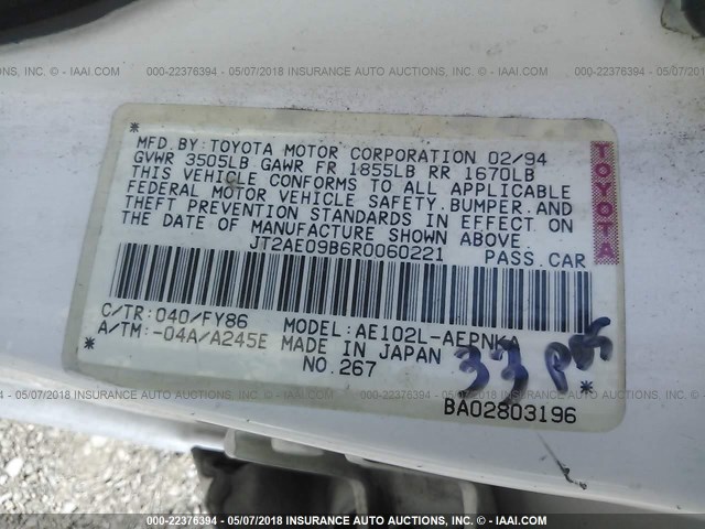 JT2AE09B6R0060221 - 1994 TOYOTA COROLLA LE/DX WHITE photo 9