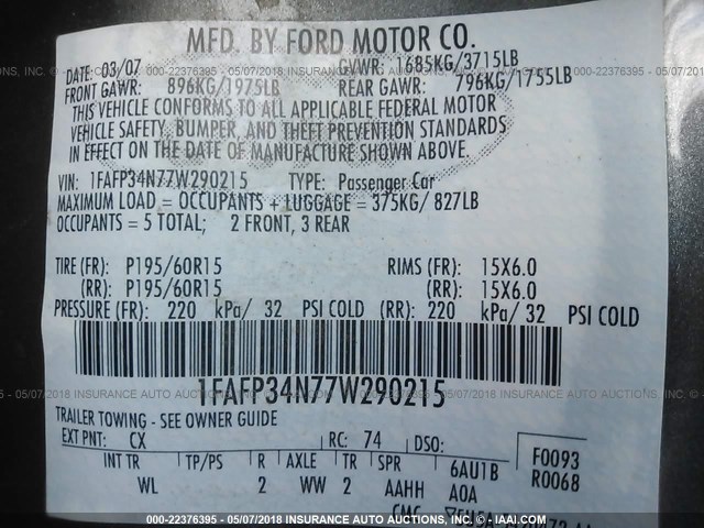 1FAFP34N77W290215 - 2007 FORD FOCUS ZX4/S/SE/SES 灰色 照片 9