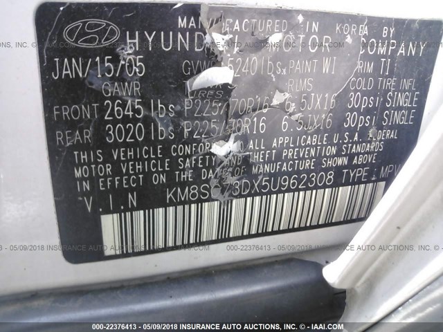 KM8SC73DX5U962308 - 2005 HYUNDAI SANTA FE GLS/LX WHITE photo 9