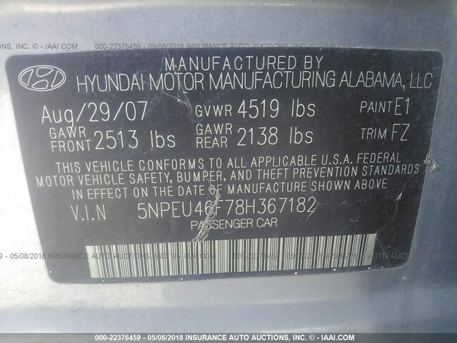 5NPEU46F78H367182 - 2008 HYUNDAI SONATA SE/LIMITED GRAY photo 9