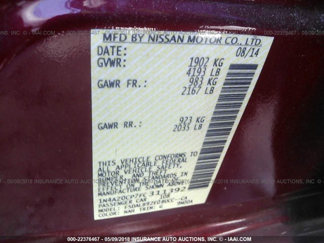 1N4AZ0CP7FC311392 - 2015 NISSAN LEAF S/SV/SL RED photo 9