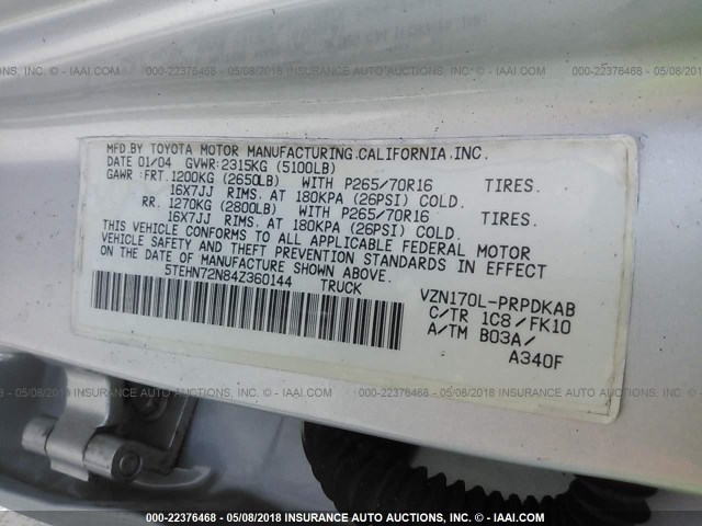 5TEHN72N84Z360144 - 2004 TOYOTA TACOMA DOUBLE CAB ვერცხლისფერი ფოტო 9